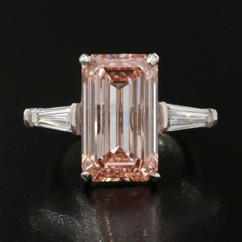 Elegant Pink and Platinum Emerald Lab Diamond Women's Ring